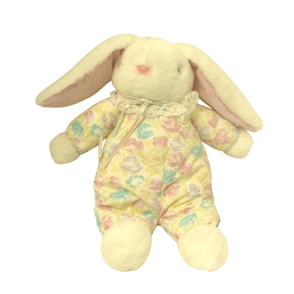 Vintage Pastel Floral Bunny Plush 12" Stuffed Toy Lace Collar Pink Ears Easter